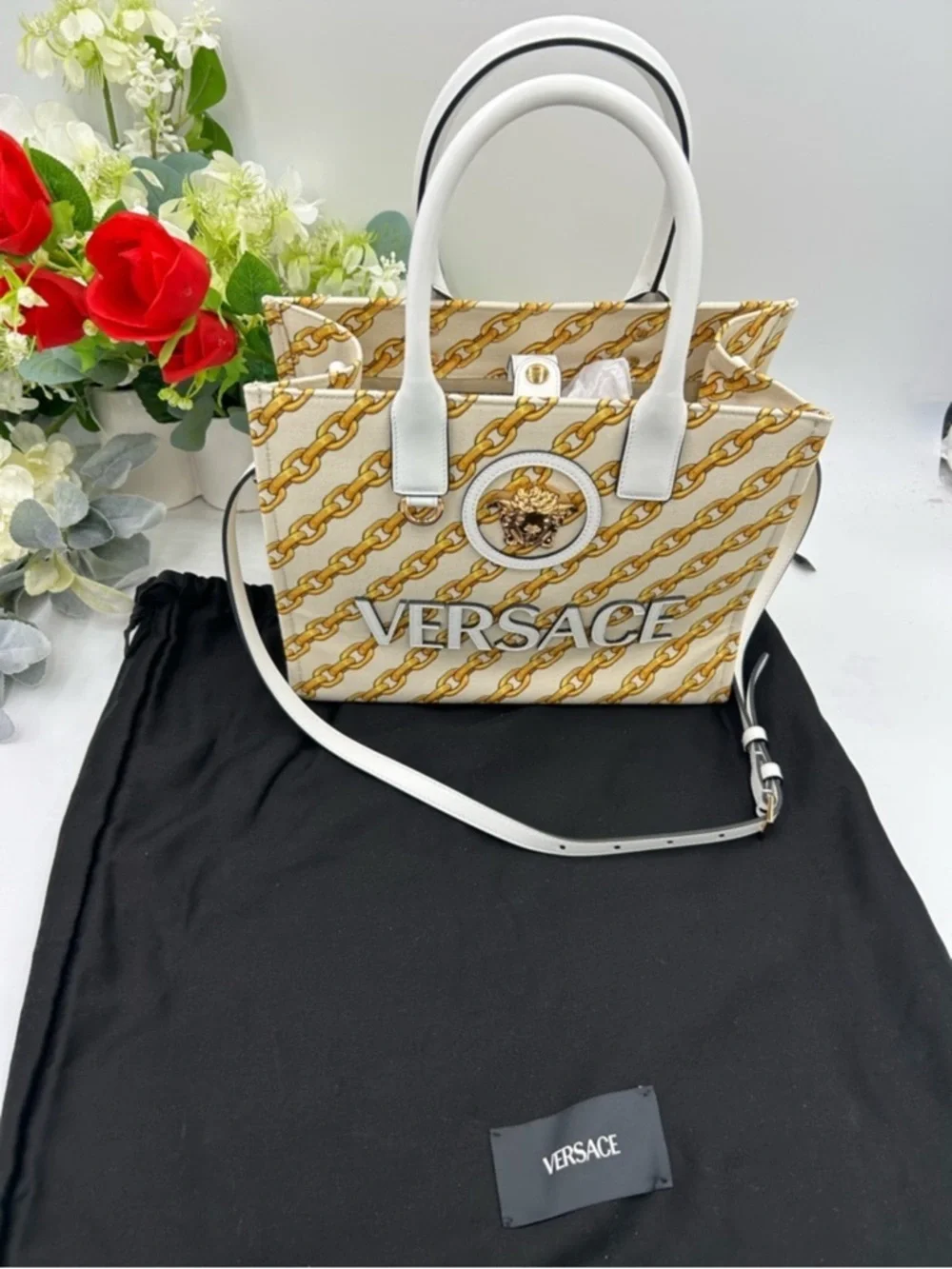 Women’s Versace chain stripe la Medusa tote bag with shoulder strap made Italy